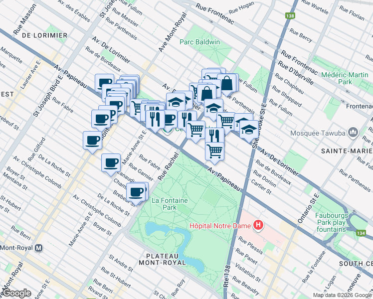 map of restaurants, bars, coffee shops, grocery stores, and more near 4133 Avenue Papineau in Montréal