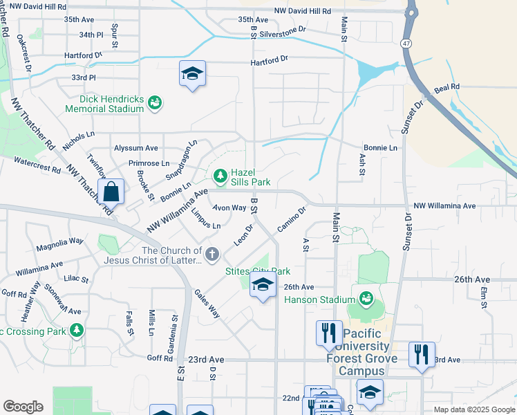 map of restaurants, bars, coffee shops, grocery stores, and more near 2903 B Street in Forest Grove