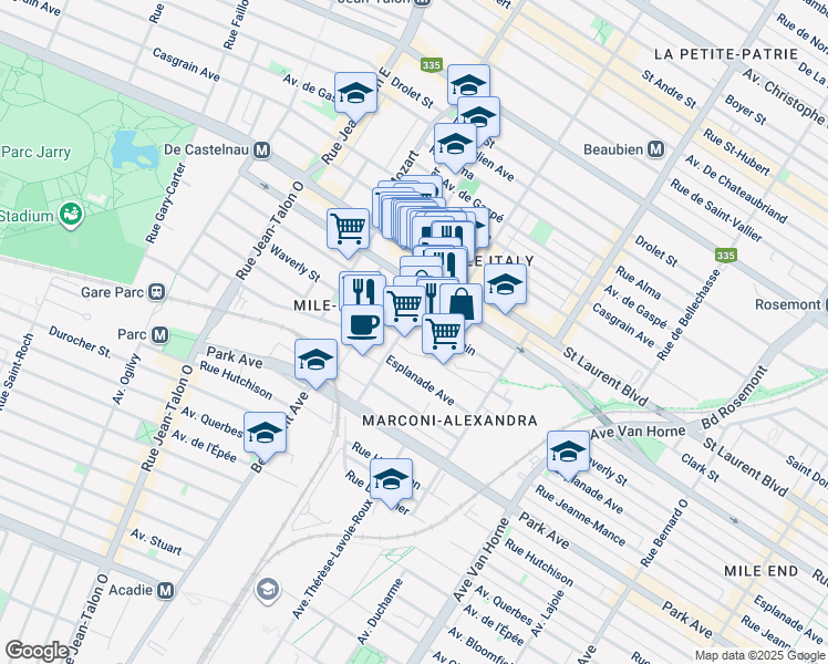 map of restaurants, bars, coffee shops, grocery stores, and more near in Montreal