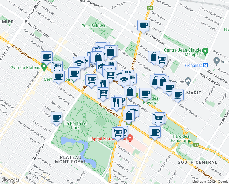 map of restaurants, bars, coffee shops, grocery stores, and more near 3512 Rue de Bordeaux in Montréal