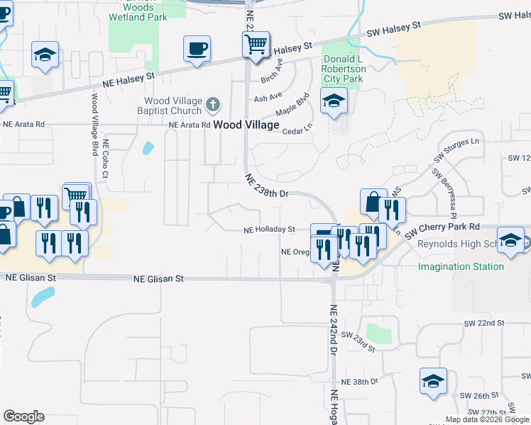 map of restaurants, bars, coffee shops, grocery stores, and more near 1070 Northeast 238th Avenue in Wood Village