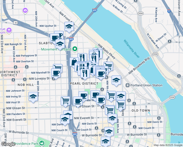 map of restaurants, bars, coffee shops, grocery stores, and more near in Portland