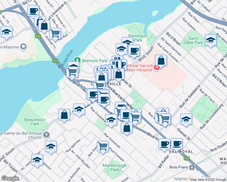 map of restaurants, bars, coffee shops, grocery stores, and more near 12254 Lachapelle Street in Montreal