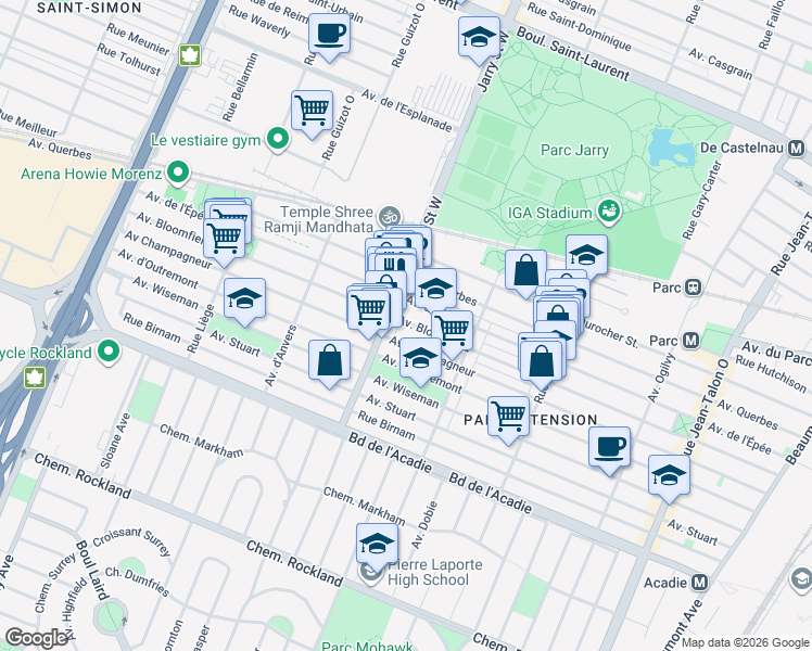 map of restaurants, bars, coffee shops, grocery stores, and more near 8040 Avenue Bloomfield in Montréal