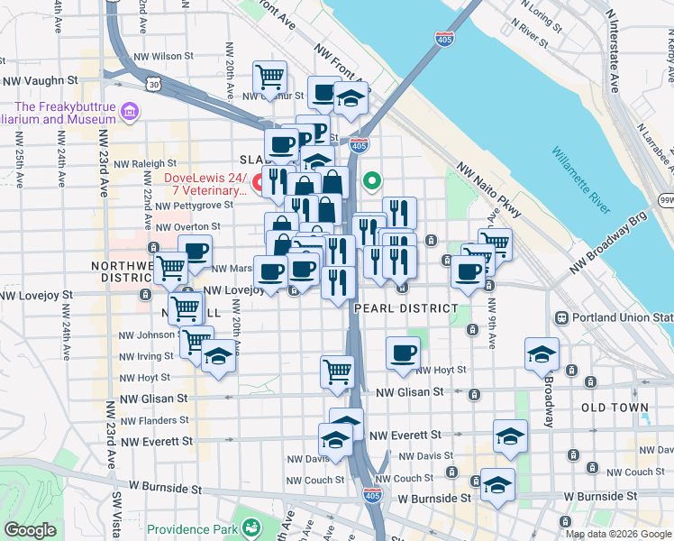 map of restaurants, bars, coffee shops, grocery stores, and more near 1075 Northwest 16th Avenue in Portland