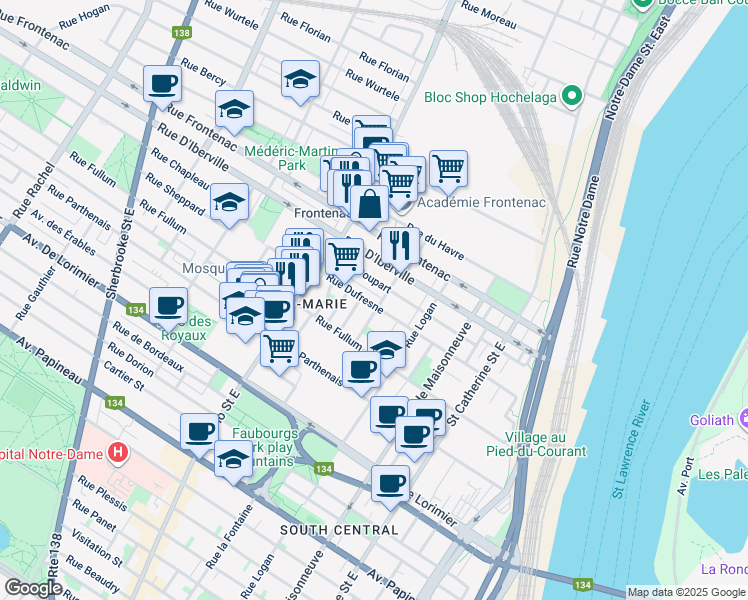 map of restaurants, bars, coffee shops, grocery stores, and more near 1815 Rue Dufresne in Montréal