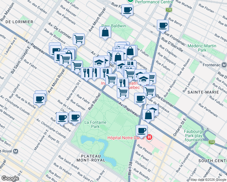 map of restaurants, bars, coffee shops, grocery stores, and more near 4048 Rue Cartier in Montréal