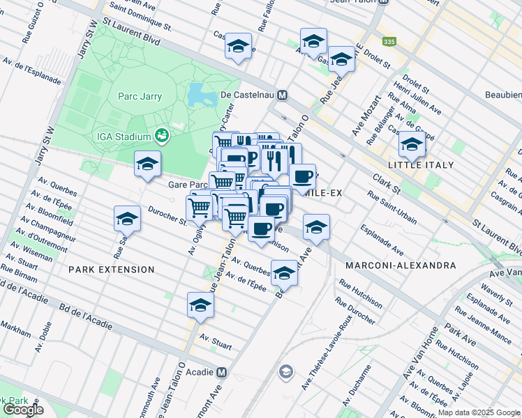 map of restaurants, bars, coffee shops, grocery stores, and more near in Montreal