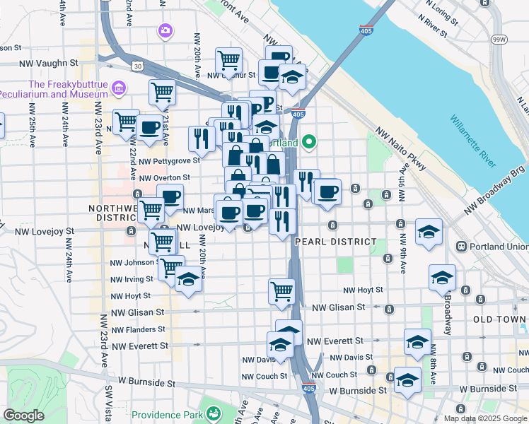 map of restaurants, bars, coffee shops, grocery stores, and more near in Portland