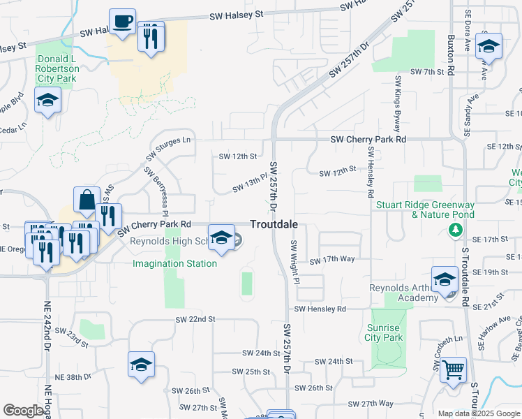 map of restaurants, bars, coffee shops, grocery stores, and more near 1201 Southwest Cherry Park Road in Troutdale