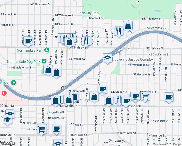 map of restaurants, bars, coffee shops, grocery stores, and more near 1161 Northeast 64th Avenue in Portland