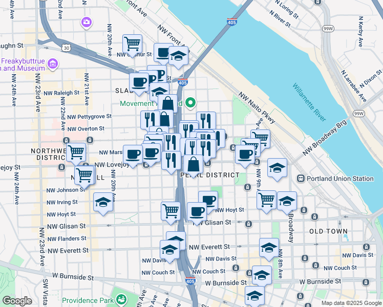 map of restaurants, bars, coffee shops, grocery stores, and more near 1400 Northwest Marshall Street in Portland