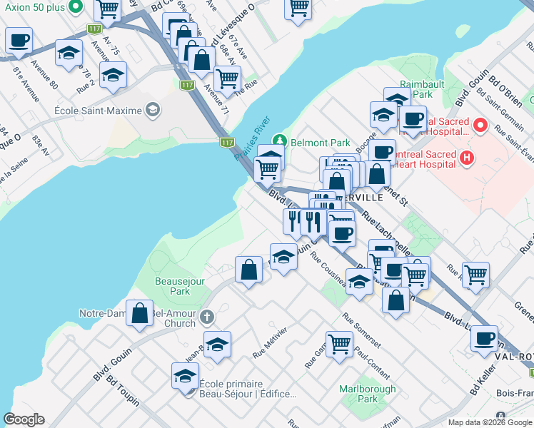 map of restaurants, bars, coffee shops, grocery stores, and more near 12446 Rue Cousineau in Montréal