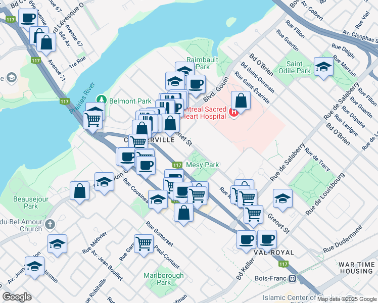 map of restaurants, bars, coffee shops, grocery stores, and more near 5835 Rue de Mésy in Montréal