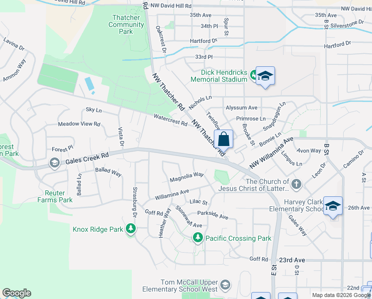 map of restaurants, bars, coffee shops, grocery stores, and more near 1015 Gales Creek Road in Forest Grove