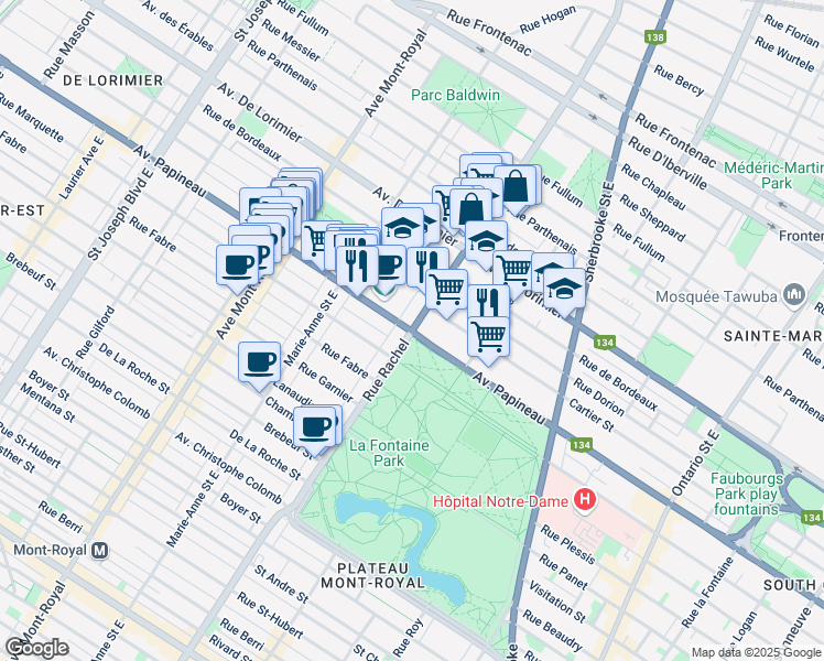map of restaurants, bars, coffee shops, grocery stores, and more near Avenue Papineau & Rachel Street East in Montreal