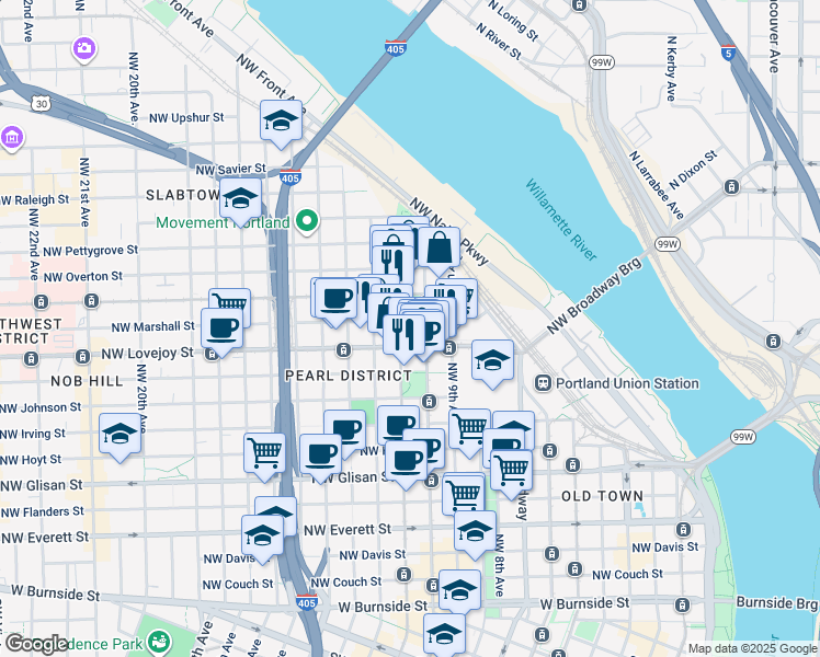 map of restaurants, bars, coffee shops, grocery stores, and more near 1001 Northwest Lovejoy Street in Portland