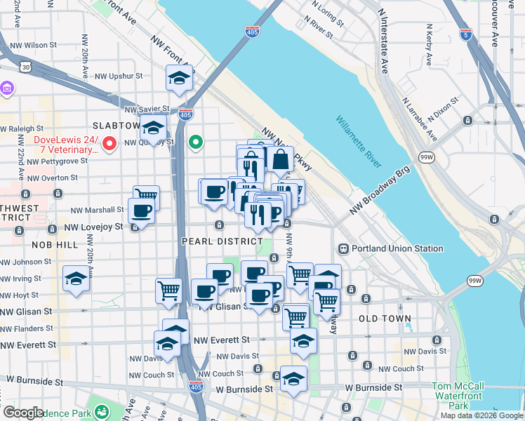 map of restaurants, bars, coffee shops, grocery stores, and more near 1001 Northwest Lovejoy Street in Portland