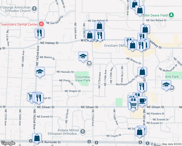 map of restaurants, bars, coffee shops, grocery stores, and more near 1027 Northeast 172nd Avenue in Portland