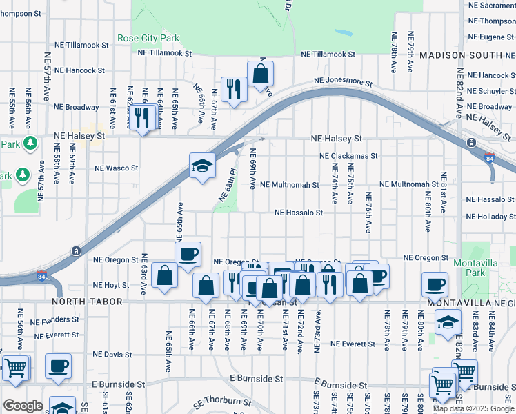 map of restaurants, bars, coffee shops, grocery stores, and more near 1145 Northeast 69th Avenue in Portland