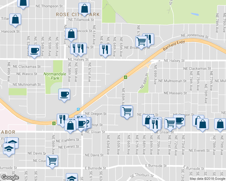 map of restaurants, bars, coffee shops, grocery stores, and more near 1161 Northeast 64th Avenue in Portland