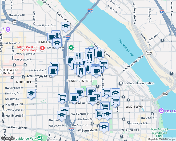 map of restaurants, bars, coffee shops, grocery stores, and more near in Portland