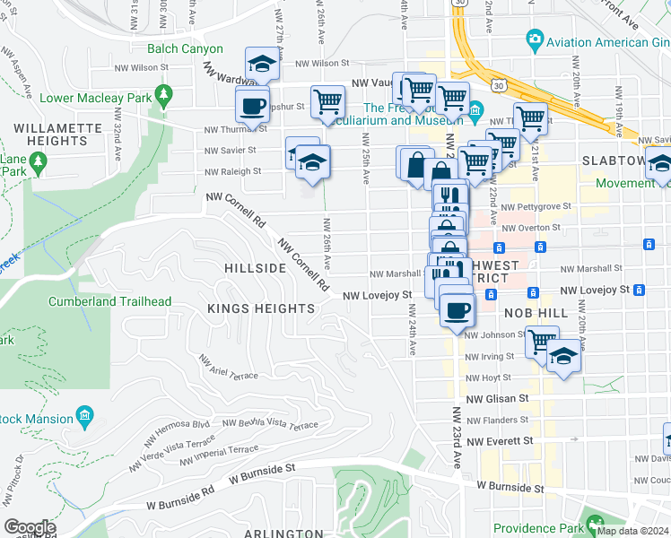 map of restaurants, bars, coffee shops, grocery stores, and more near 1130 Northwest 26th Avenue in Portland