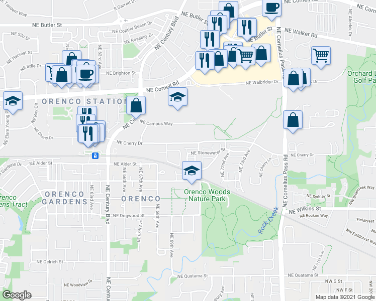 map of restaurants, bars, coffee shops, grocery stores, and more near in Hillsboro