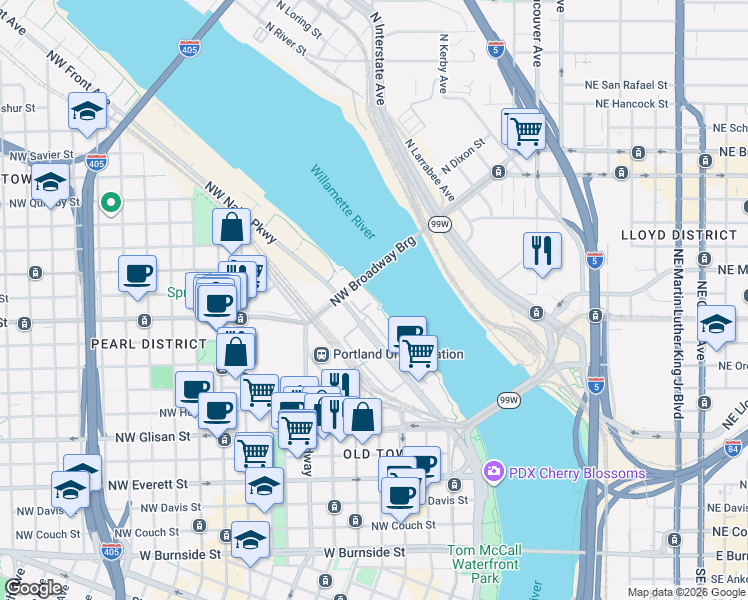 map of restaurants, bars, coffee shops, grocery stores, and more near 940 Northwest Naito Parkway in Portland