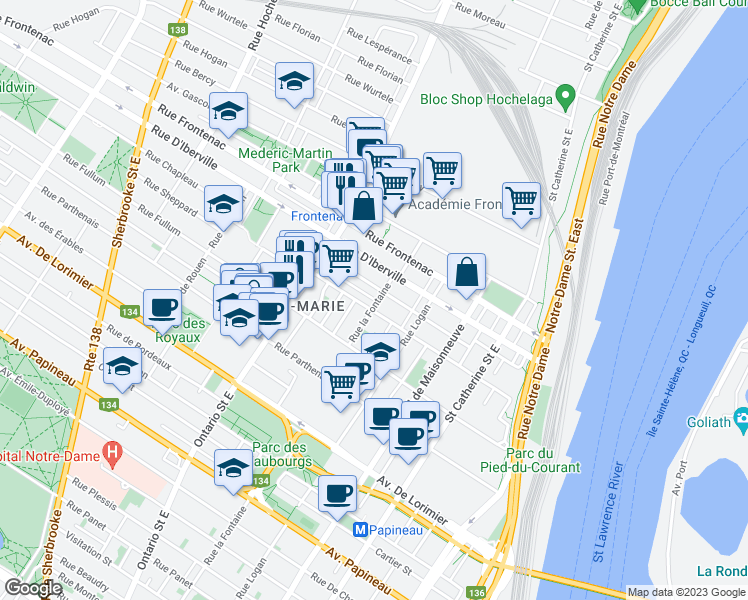 map of restaurants, bars, coffee shops, grocery stores, and more near 2415 Rue la Fontaine in Montréal