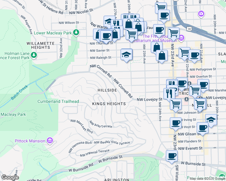 map of restaurants, bars, coffee shops, grocery stores, and more near 2763 Northwest Westover Road in Portland