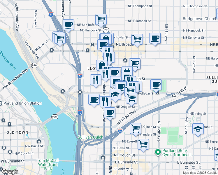 map of restaurants, bars, coffee shops, grocery stores, and more near in Portland