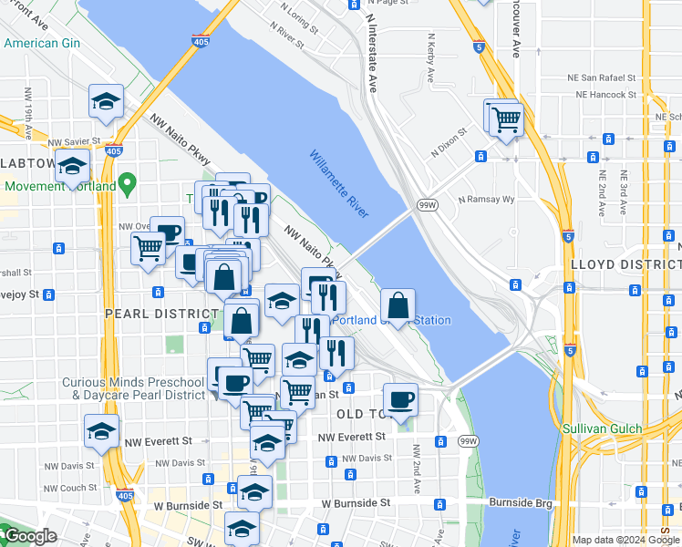 map of restaurants, bars, coffee shops, grocery stores, and more near 1040 Northwest Naito Parkway in Portland