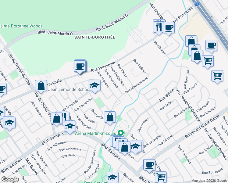 map of restaurants, bars, coffee shops, grocery stores, and more near 829 Rue Malraux in Laval