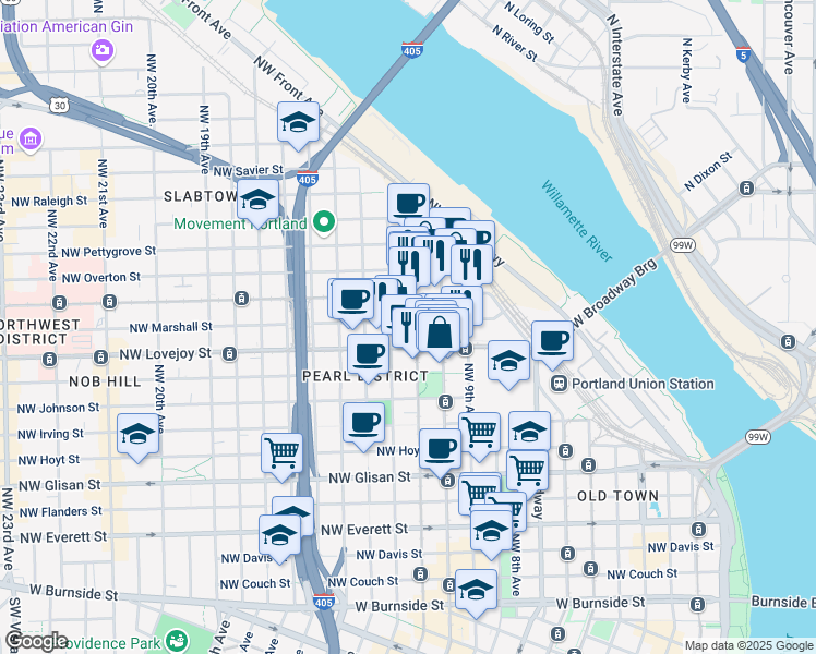 map of restaurants, bars, coffee shops, grocery stores, and more near in Portland