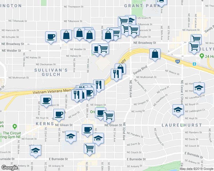 map of restaurants, bars, coffee shops, grocery stores, and more near 3001 Northeast Sandy Boulevard in Portland