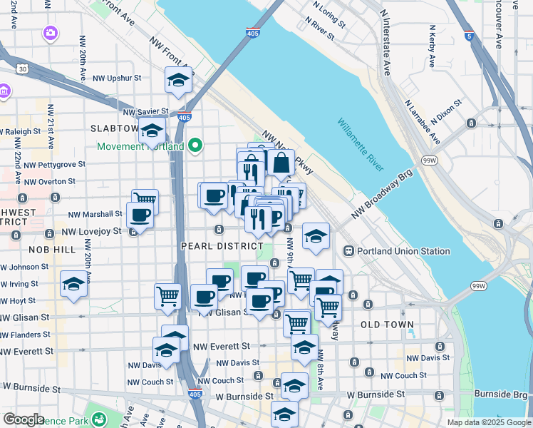 map of restaurants, bars, coffee shops, grocery stores, and more near 1001 Northwest Lovejoy Street in Portland