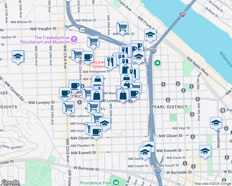 map of restaurants, bars, coffee shops, grocery stores, and more near Northwest Marshall Street in Portland