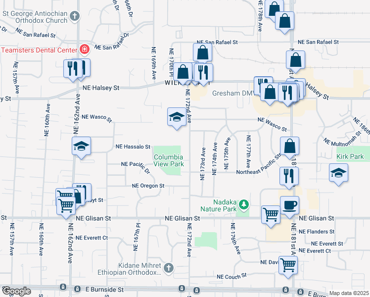 map of restaurants, bars, coffee shops, grocery stores, and more near 1027 Northeast 172nd Avenue in Portland