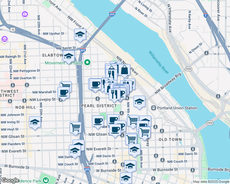 map of restaurants, bars, coffee shops, grocery stores, and more near in Portland