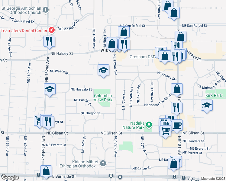 map of restaurants, bars, coffee shops, grocery stores, and more near 1027 Northeast 172nd Avenue in Portland