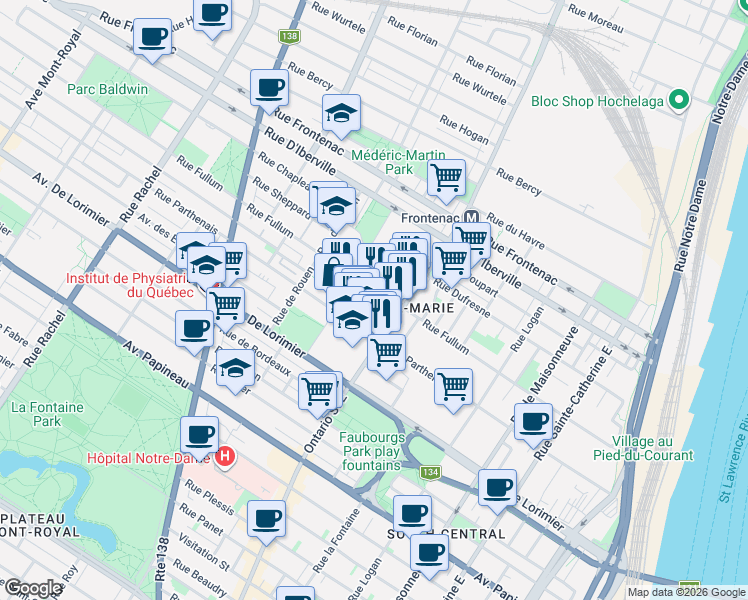 map of restaurants, bars, coffee shops, grocery stores, and more near 2055 Rue Harmony in Montrã©Al