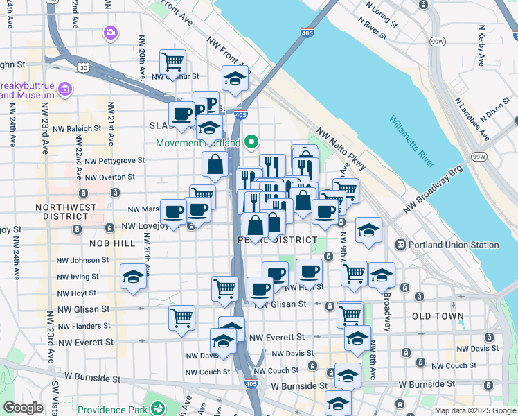 map of restaurants, bars, coffee shops, grocery stores, and more near 1400 Northwest Marshall Street in Portland