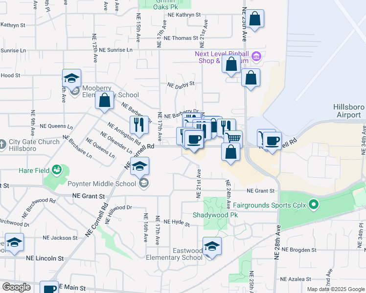 map of restaurants, bars, coffee shops, grocery stores, and more near 1907 Northeast Cornell Road in Hillsboro
