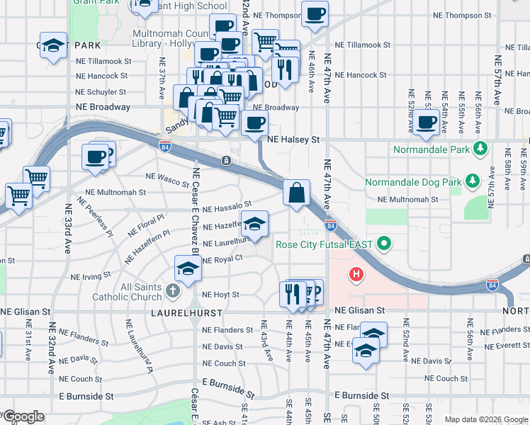map of restaurants, bars, coffee shops, grocery stores, and more near 4305 Northeast Hazelfern Place in Portland