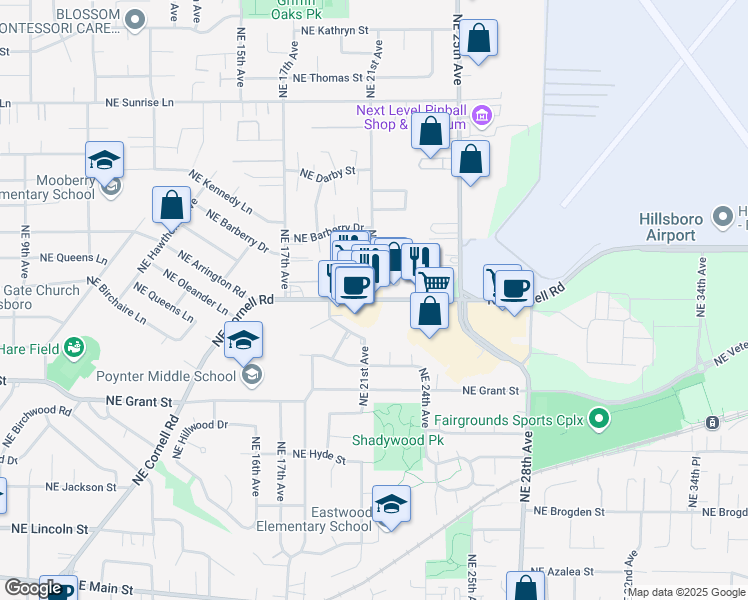 map of restaurants, bars, coffee shops, grocery stores, and more near NE Cornell Rd & NE 21st Ave in Hillsboro