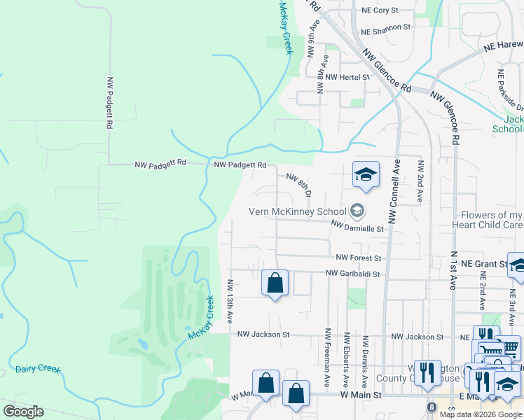 map of restaurants, bars, coffee shops, grocery stores, and more near 1075 Northwest Darnielle Drive in Hillsboro