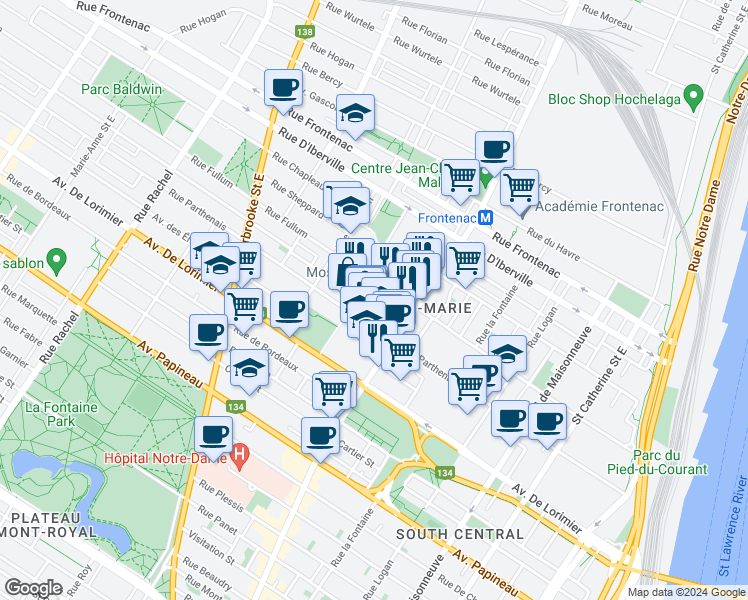 map of restaurants, bars, coffee shops, grocery stores, and more near 2092 Rue Harmony in Montréal