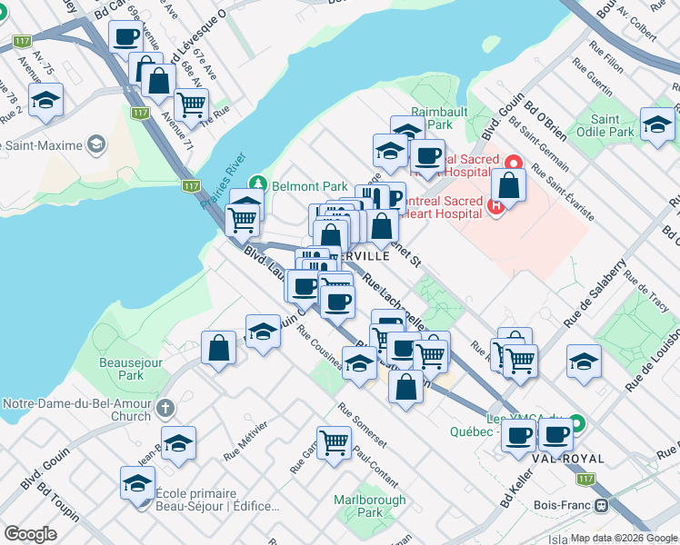 map of restaurants, bars, coffee shops, grocery stores, and more near 6040 Boulevard Gouin Ouest in Montréal