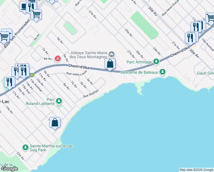map of restaurants, bars, coffee shops, grocery stores, and more near 2828 Rue Mathys in Sainte-Marthe-sur-le-Lac